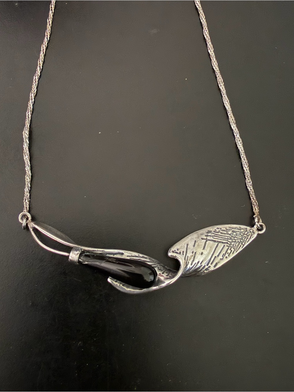Textured Silver Leaf Necklace with Black Glass Accent